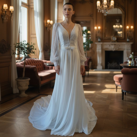 Robe de Mariée Zoé blanche - Traîne Longue & Manches bouffantes en dentelles