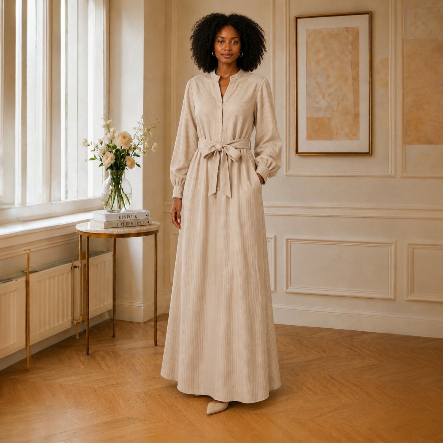 Robe NOËLYNE Longue Côtelée – Beige