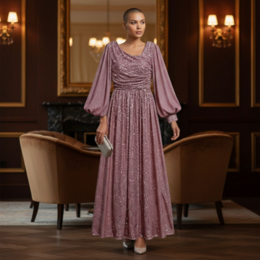 Robe La Faveur de Dieu - Longue à Paillettes - Manches Transparentes - Élégance Intemporelle