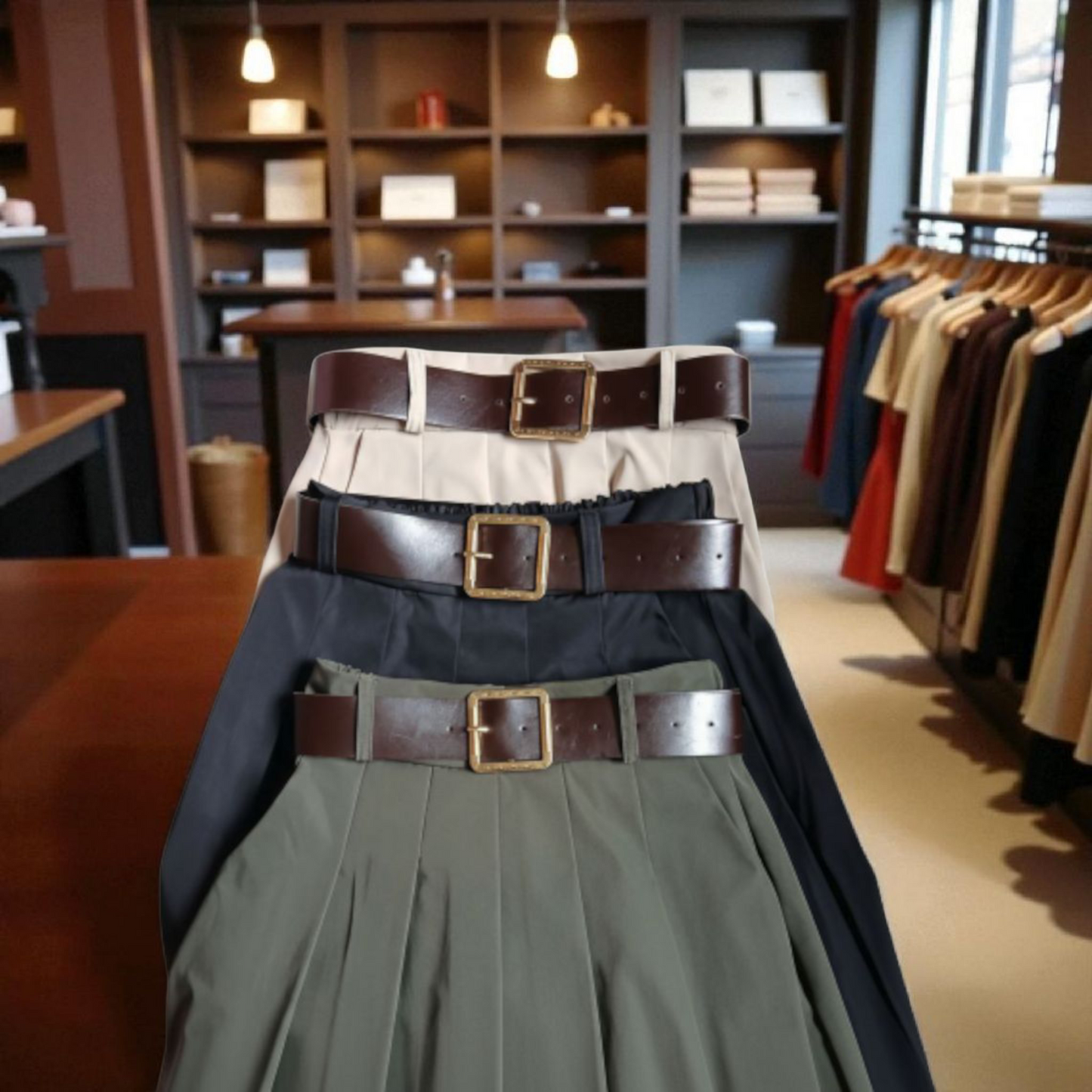 Jupe Allégresse Kaki, avec ceinture - Made in Italy