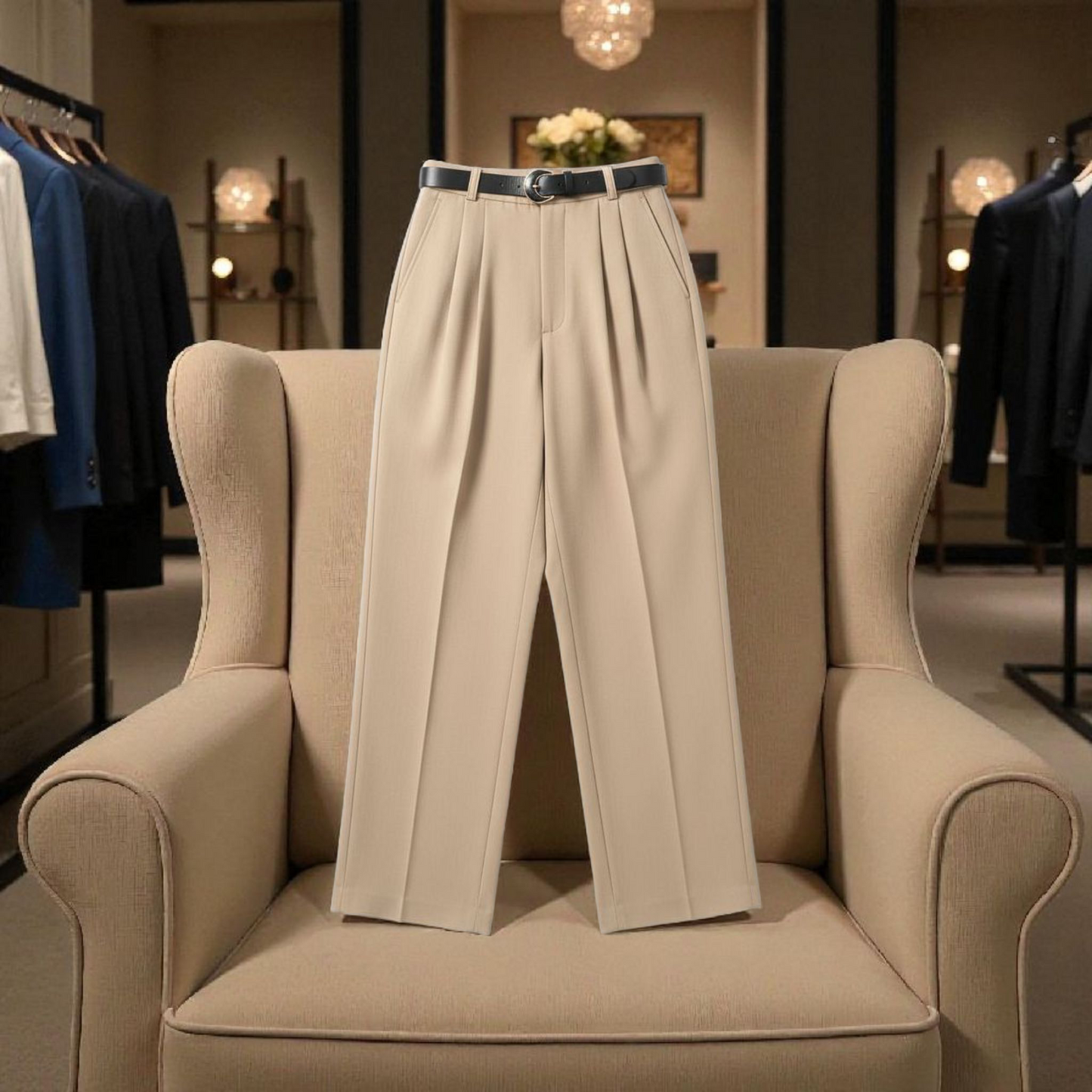 Pantalon Lune beige - Taille haute avec Ceinture - détails doré