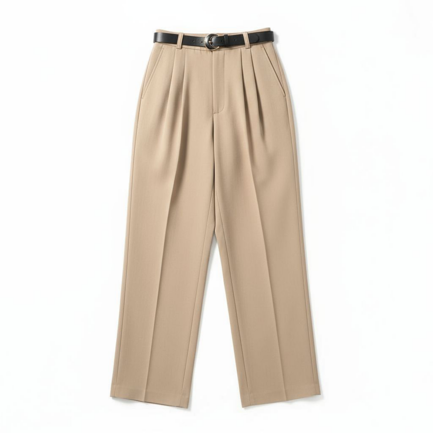 Pantalon Lune beige - Taille haute avec Ceinture - détails doré