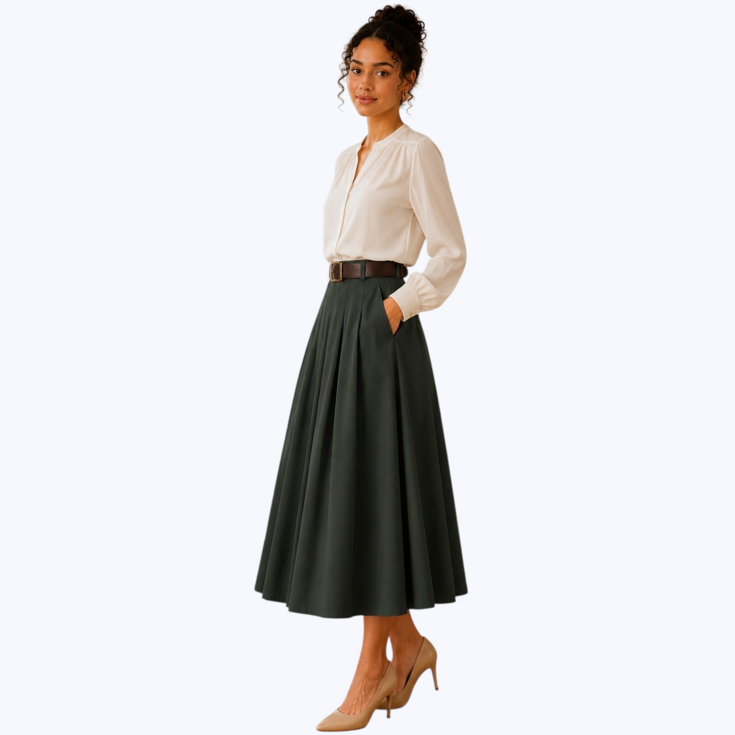 Jupe AZAËLLE Kaki, avec ceinture - Made in Italy