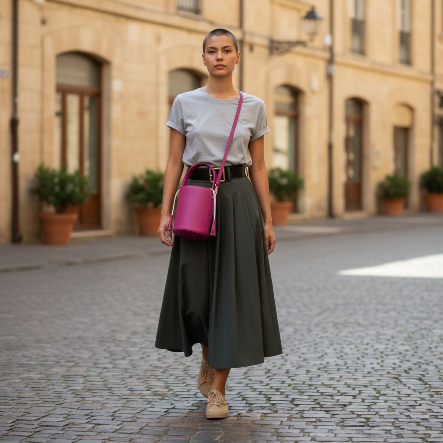 Sac Excellence Cylindrique Fuchsia - Cuir de Vachette Italien & Pompons