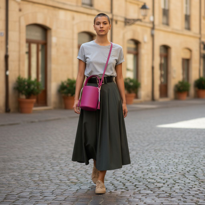 Sac Excellence Cylindrique Fuchsia - Cuir de Vachette Italien & Pompons