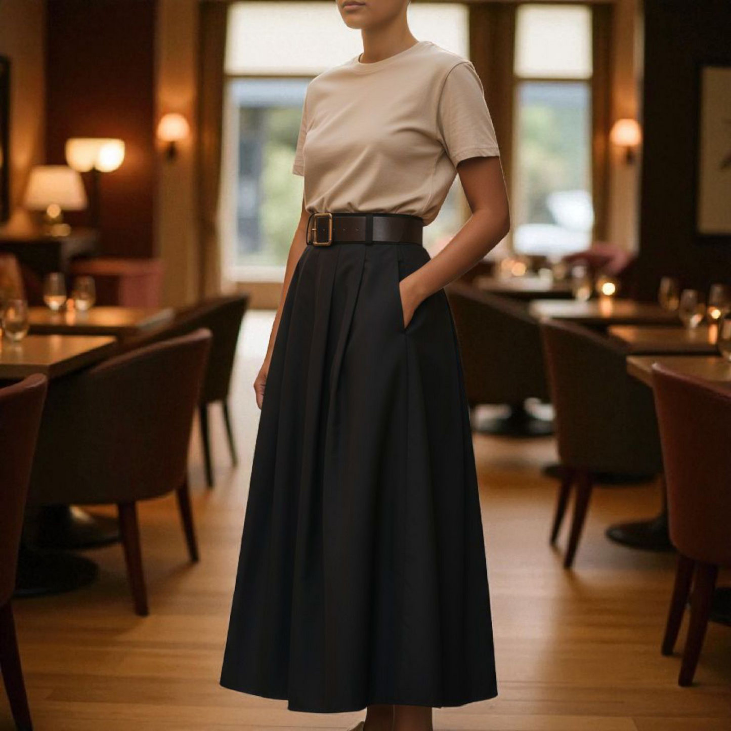 Jupe Allégresse Noire, avec ceinture - Made in Italy