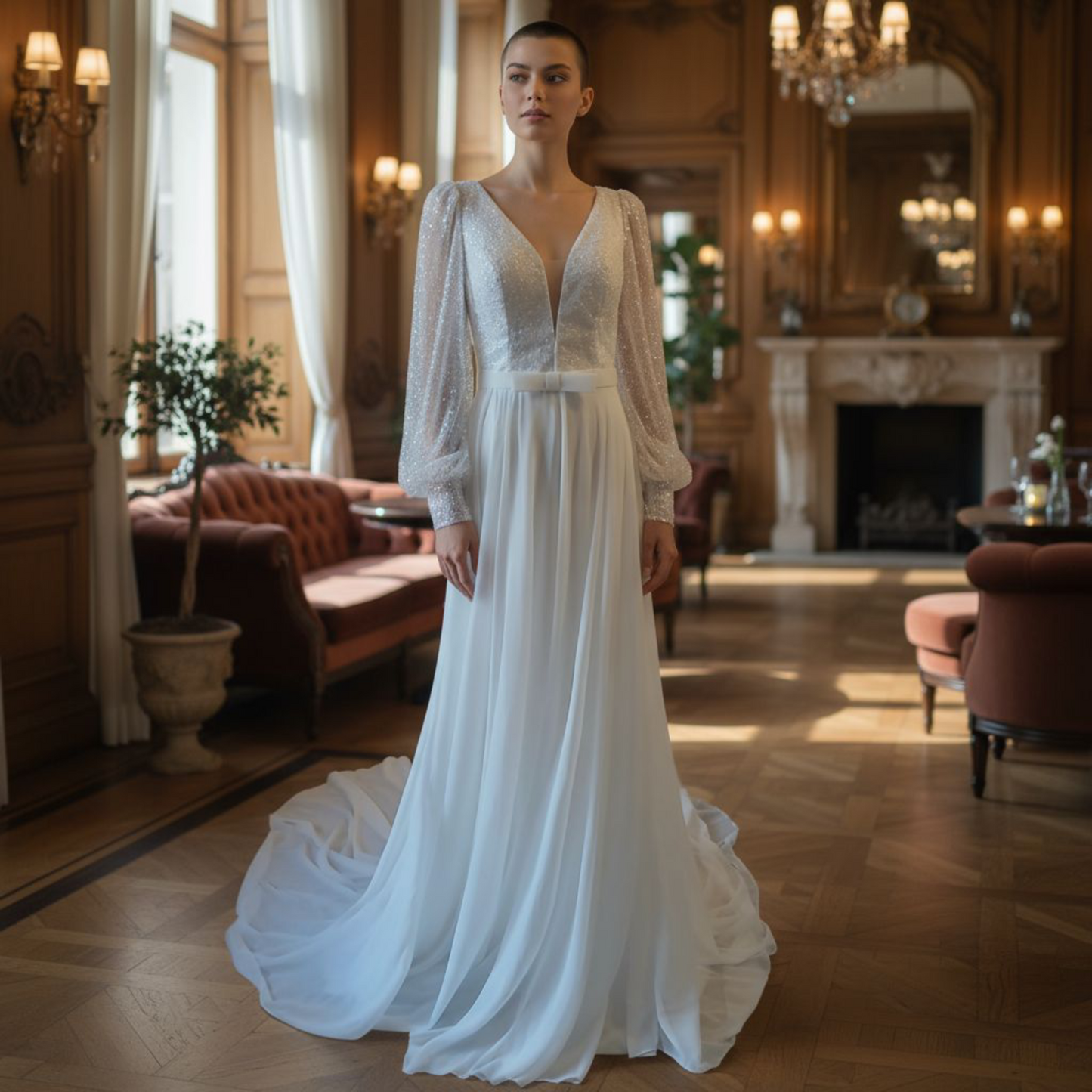 Robe de Mariée Zoé blanche - Traîne Longue & Manches bouffantes en dentelles