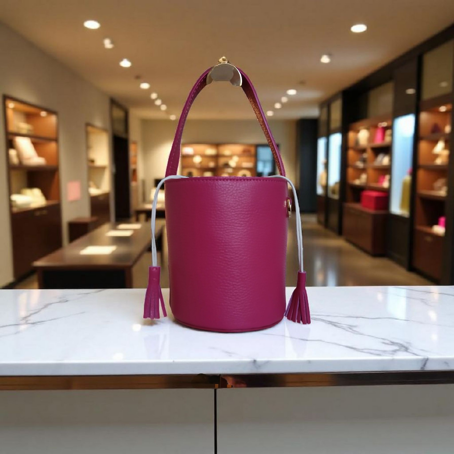 Sac Excellence Cylindrique Fuchsia - Cuir de Vachette Italien & Pompons