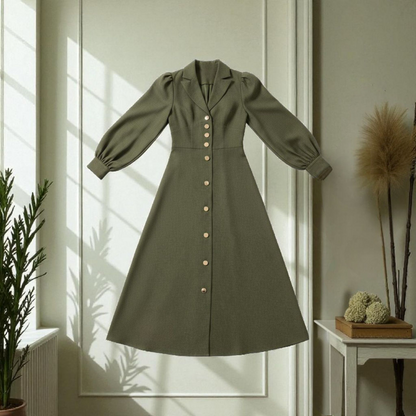Robe-Chemise Vert Pâturage - Manches Bouffantes - Style Élégant et Intemporel