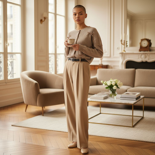 Pantalon Lune beige - Taille haute avec Ceinture - détails doré