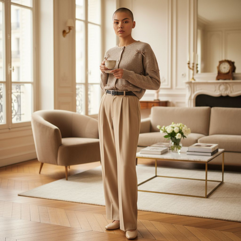 Pantalon Lune beige - Taille haute avec Ceinture - détails doré