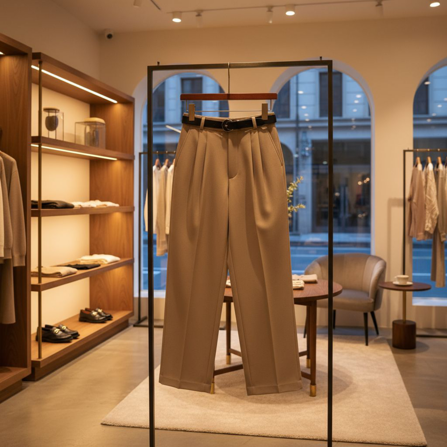 Pantalon Lune beige - Taille haute avec Ceinture - détails doré