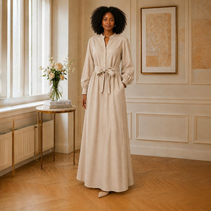 Robe NOËLYNE Longue Côtelée – Beige