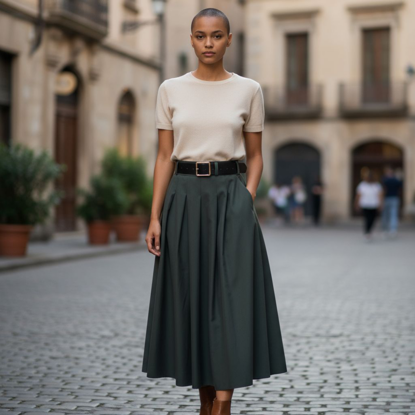 Jupe Allégresse Kaki, avec ceinture - Made in Italy