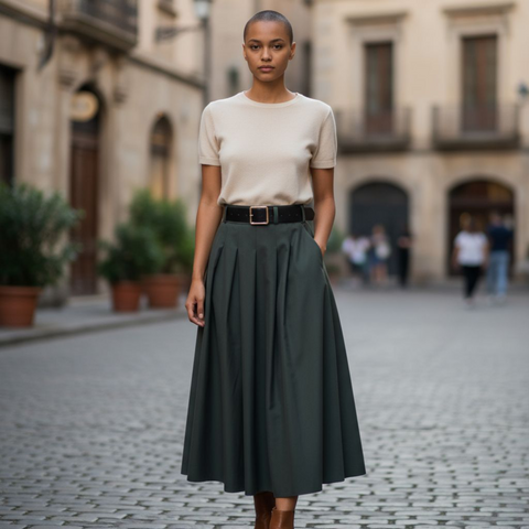 Jupe Allégresse Kaki, avec ceinture - Made in Italy