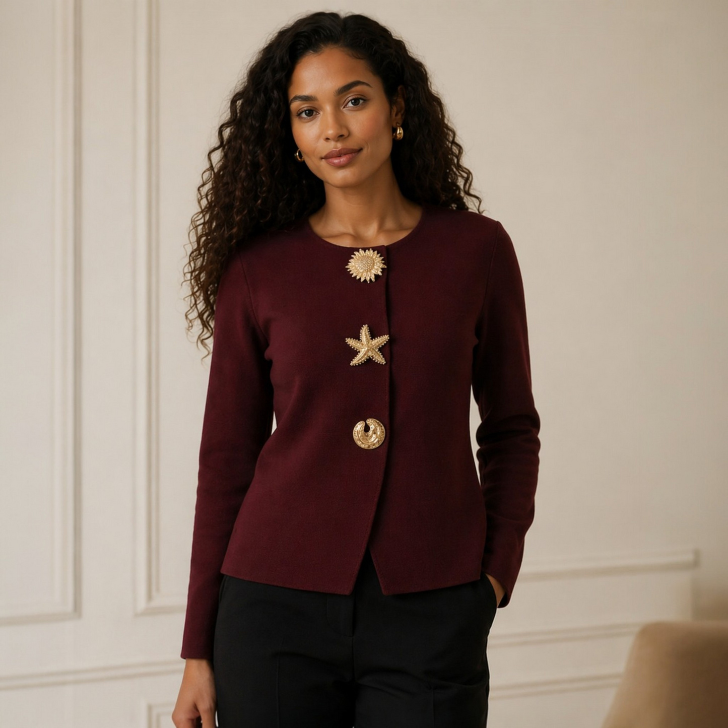 Cardigan GRÂCE Bordeaux à Boutons Dorés