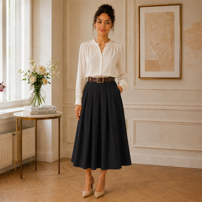 Jupe AZAËLLE Noire, avec ceinture - Made in Italy