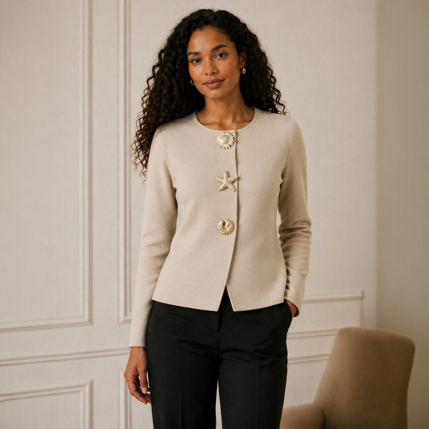Cardigan GRÂCE beige - Boutons Dorés