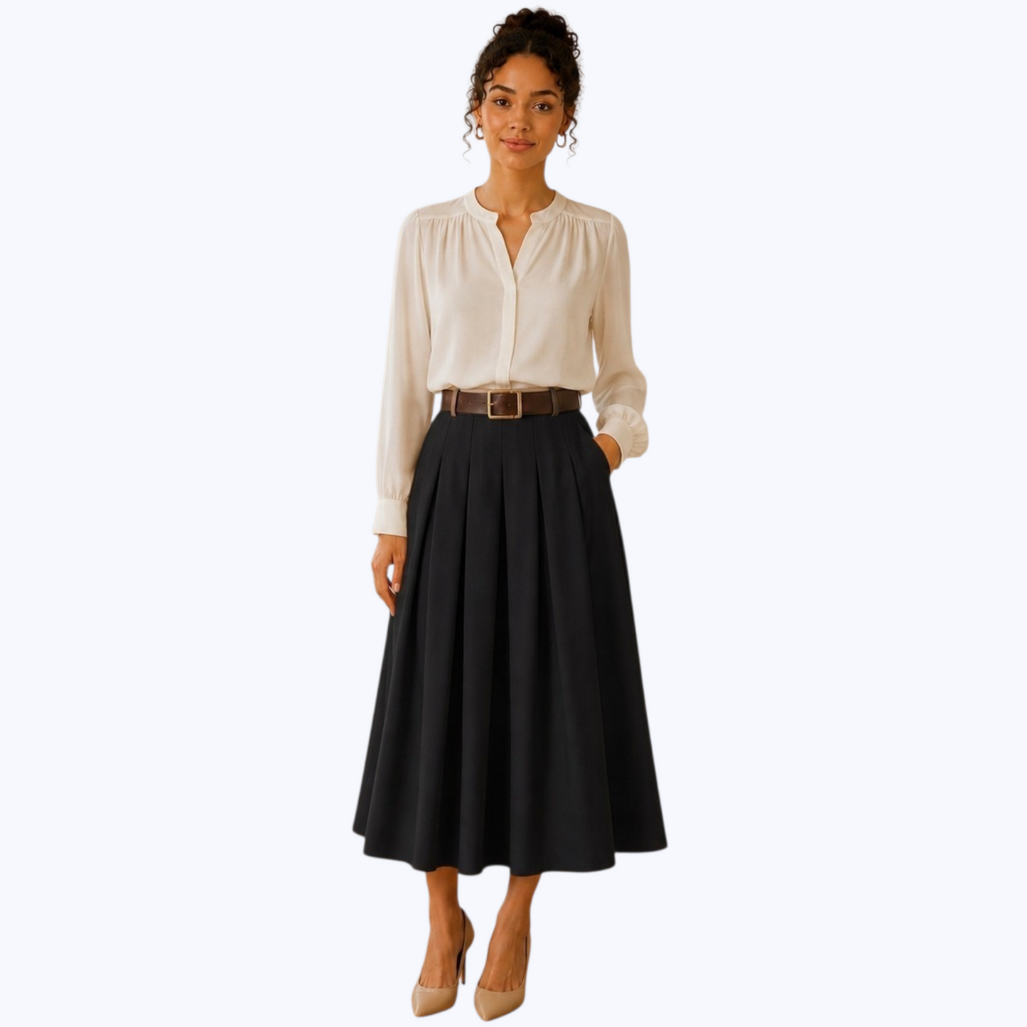 Jupe AZAËLLE Noire, avec ceinture - Made in Italy