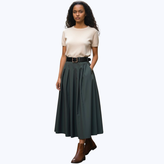 Jupe Azaëlle Kaki, avec ceinture - Made in Italy