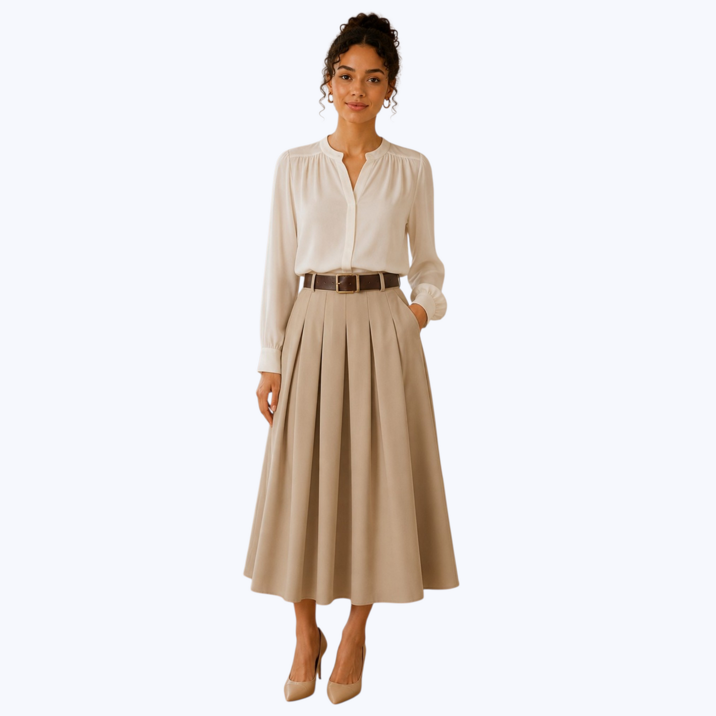 Jupe AZAËLLE beige, avec ceinture - Made in Italy