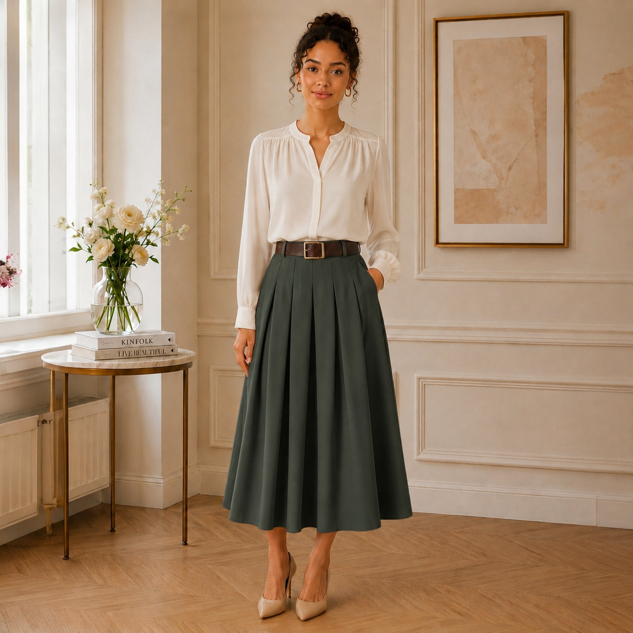 Jupe AZAËLLE Kaki, avec ceinture - Made in Italy