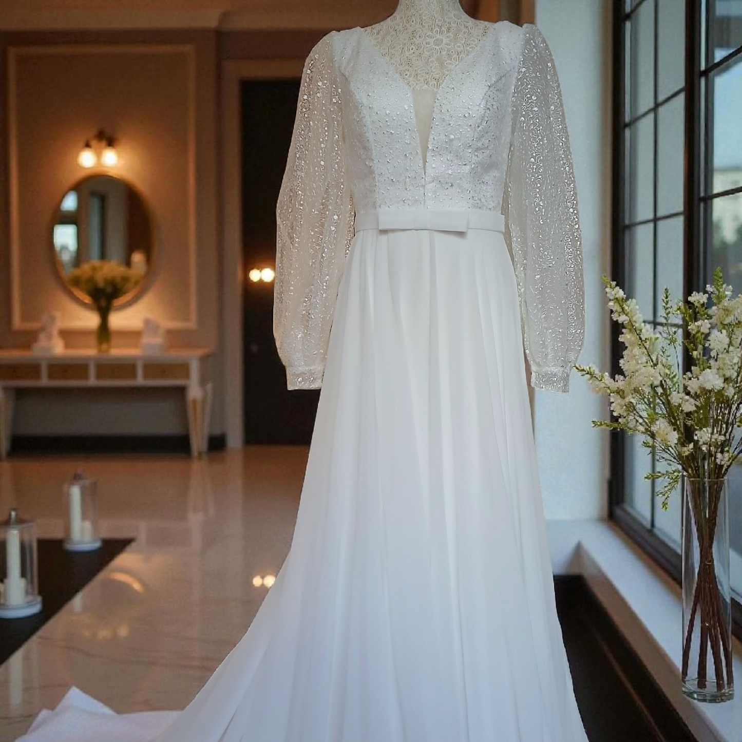 Robe de Mariée Zoé blanche - Traîne Longue & Manches bouffantes en dentelles