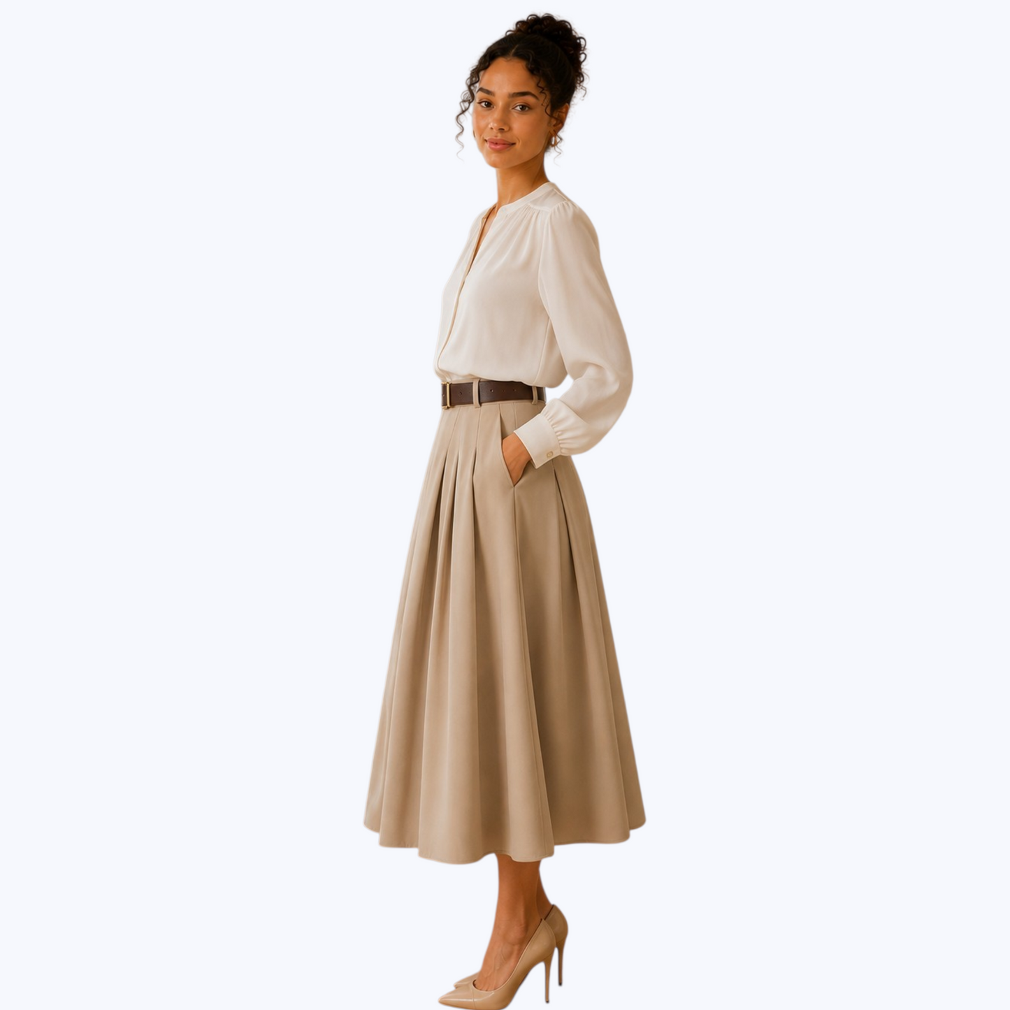 Jupe AZAËLLE beige, avec ceinture - Made in Italy