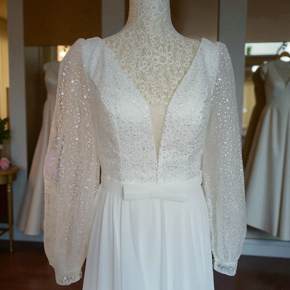 Robe de Mariée Zoé blanche - Traîne Longue & Manches bouffantes en dentelles