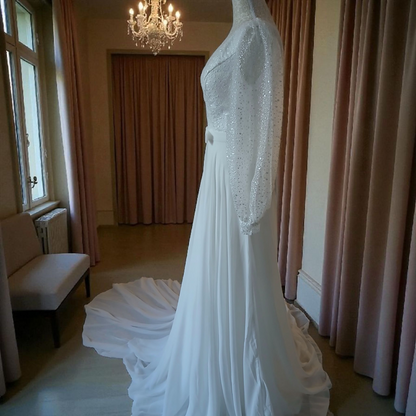 Robe de Mariée Zoé blanche - Traîne Longue & Manches bouffantes en dentelles