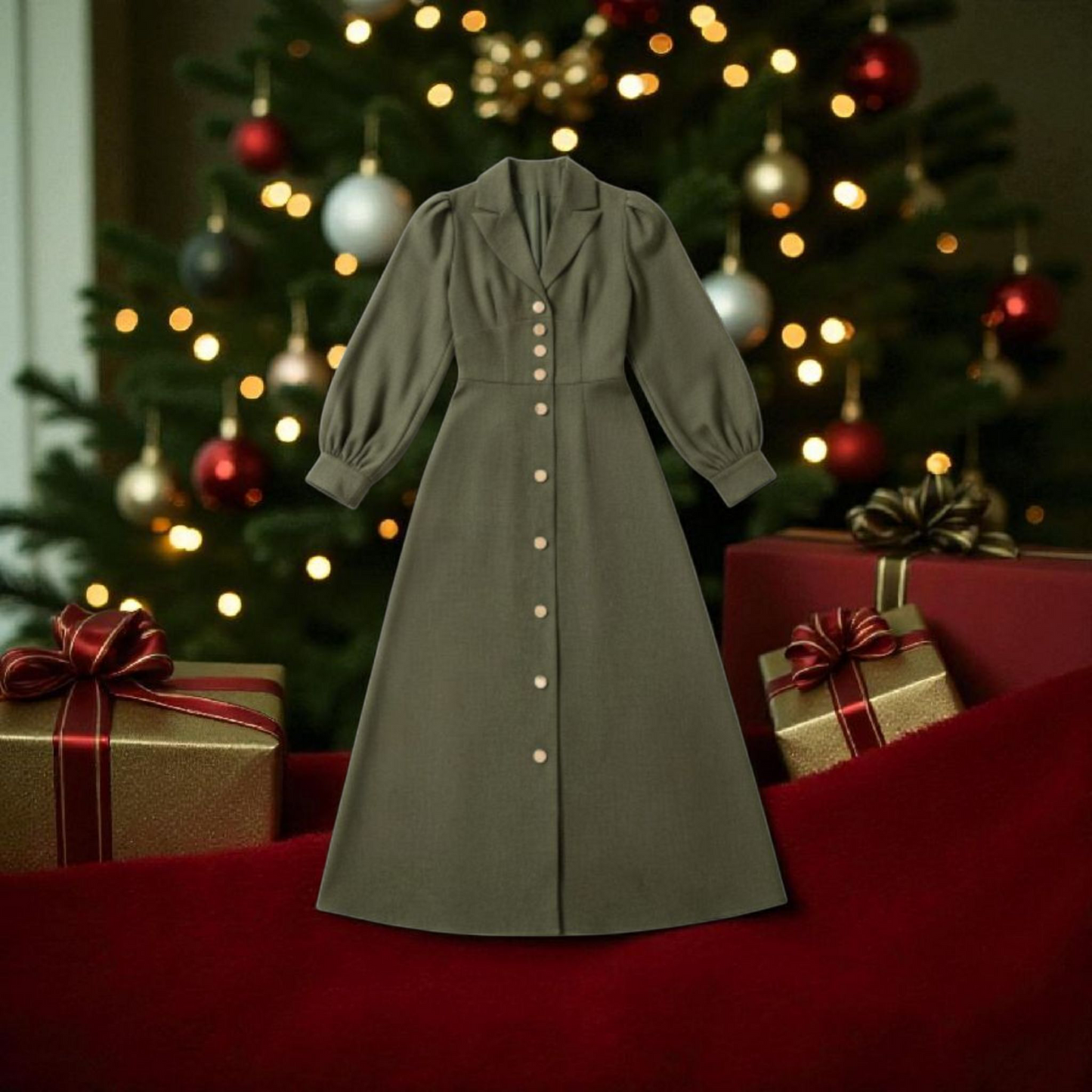 Robe-Chemise Vert Pâturage - Manches Bouffantes - Style Élégant et Intemporel