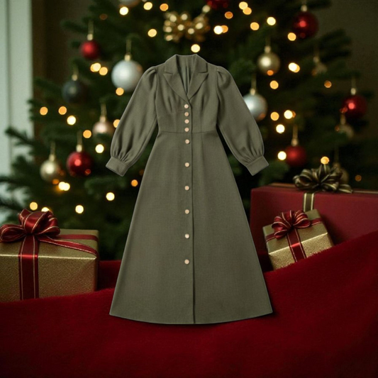 Robe-Chemise Vert Pâturage - Manches Bouffantes - Style Élégant et Intemporel