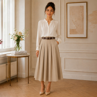 Jupe AZAËLLE beige, avec ceinture - Made in Italy