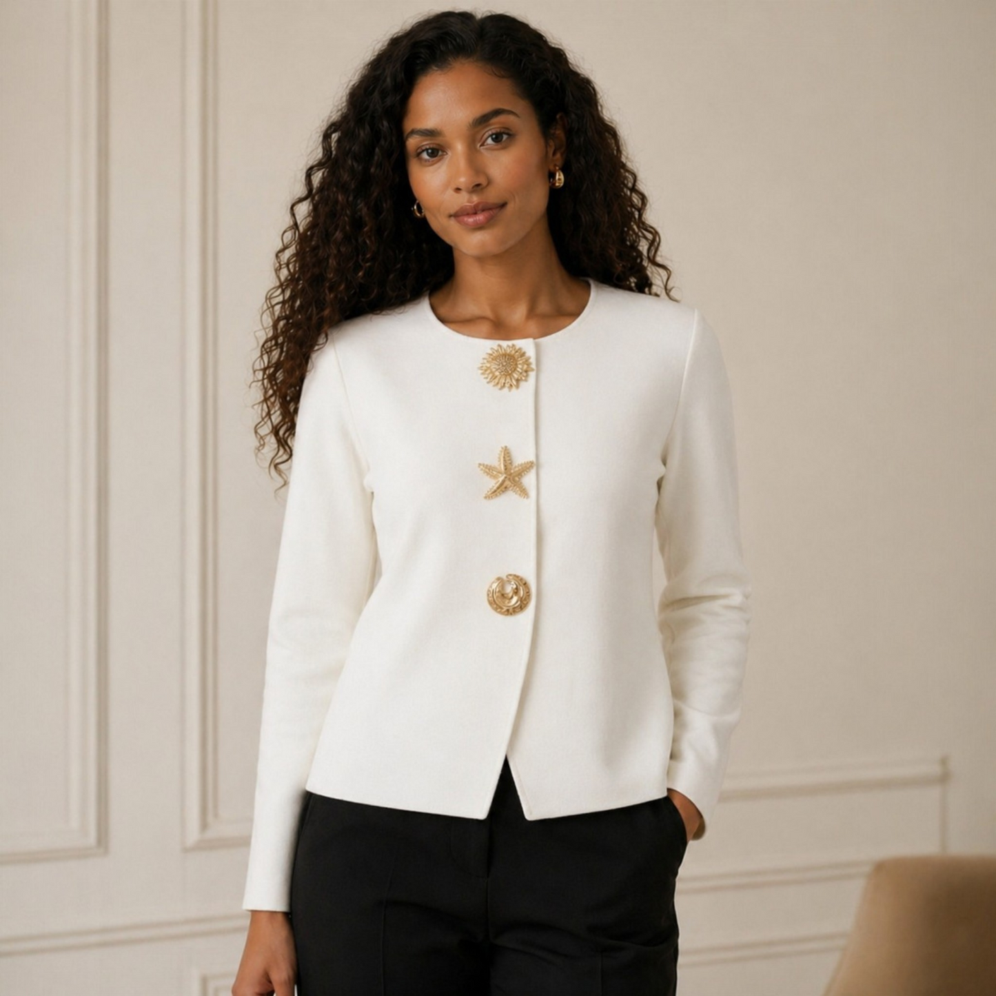 Cardigan GRÂCE blanc - Boutons Dorés