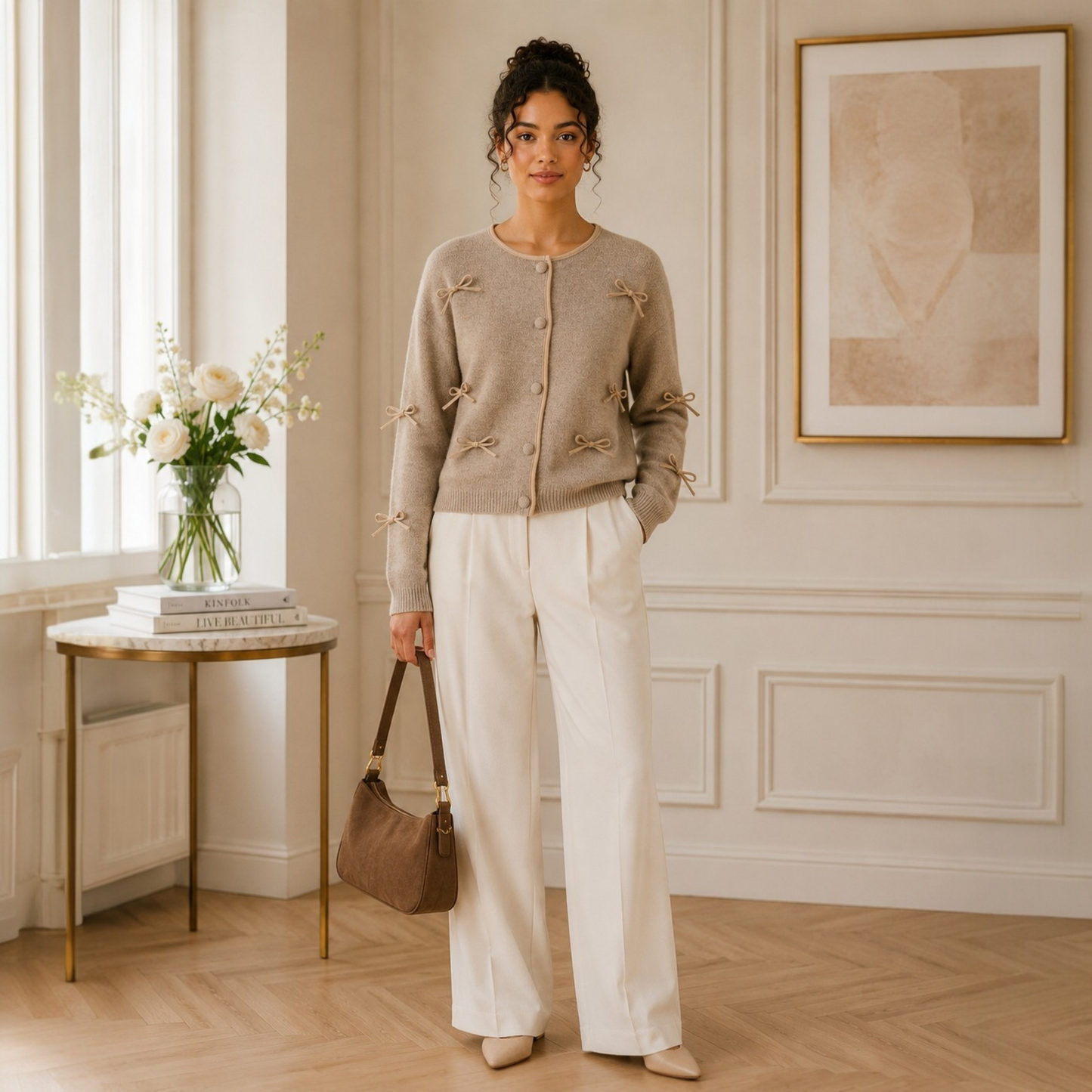 Cardigan GRACIELLA Taupe - avec Nœuds