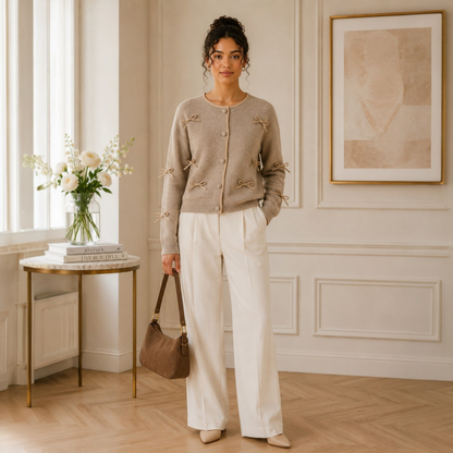 Cardigan GRACIELLA Taupe - avec Nœuds